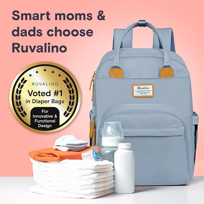 RUVALINO Diaper Bag Backpack-Multifunction Baby Travel Bag with Changing pad, Insulated Bottle Holders & Pacifier Case, Large Capacity, Waterproof, Sky Blue - Image 5