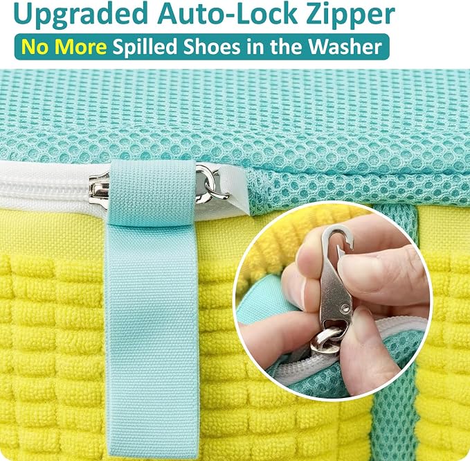 Dual Compartment Shoe Washing Machine Bag, Heavy-Duty Sneaker Laundry Bags with Clasp-Lock Zipper, Thick Chenille & Reinforced Seams for Maximum Protection, Yellow/Blue, 2-Pack - Image 5