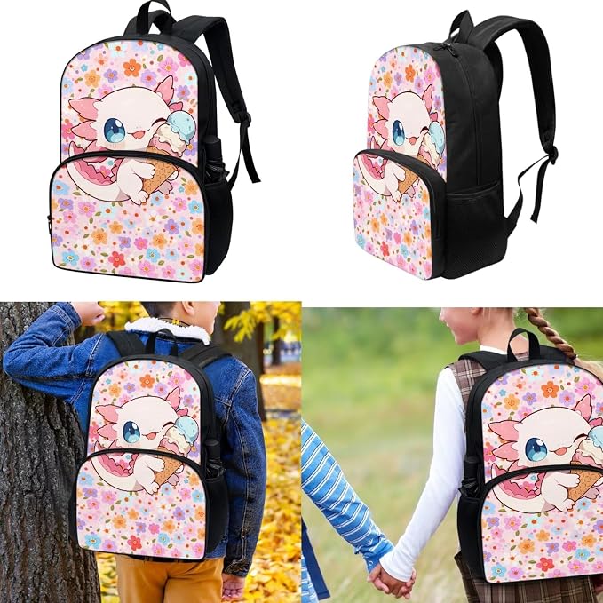Axolotl Ice Cream Girls Backpack Set, Kids Backpacks with Lunch Bag & Pencil Case, Girls Bookbag School Bag for Elementary School - Image 2
