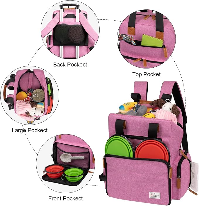 Modoker Dog Travel Bag, Airline Approved Backpack for Pet Accessories Organizer with 2 Food Storage, 2 Collapsible Bowls, Pink - Image 3