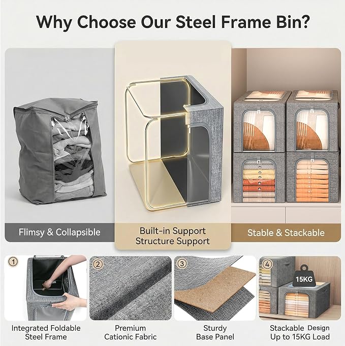GoMaihe Clothes Storage Bins Metal Frame: 55L Extra Large Stackable Closet Storage Organizer with Lid & Clear Window, Heavy Duty Blanket Boxes for Winter Coats Comforters (Fits Deep Closet 4-Pack) - Image 2