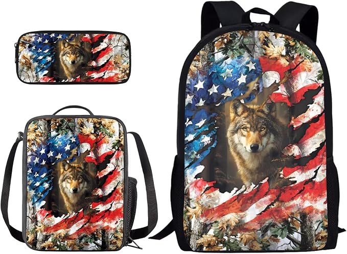 Camo Forest American Flag Wolf Print Schoolbag Set for Boys, 4th of July Backpack Set with Lunch Box and Pen Case, Casual Daypack Suitable for School, Picnic or Travel by PCSJRKG