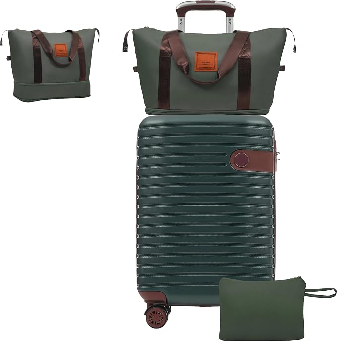 3 Piece Carry On Luggage Sets, 20 Inch Airline Approved Hard Shell Suitcase with TSA Lock & 360° Spinner Wheels, Travel Set with Duffel Bag for Women (Green) by Unknown