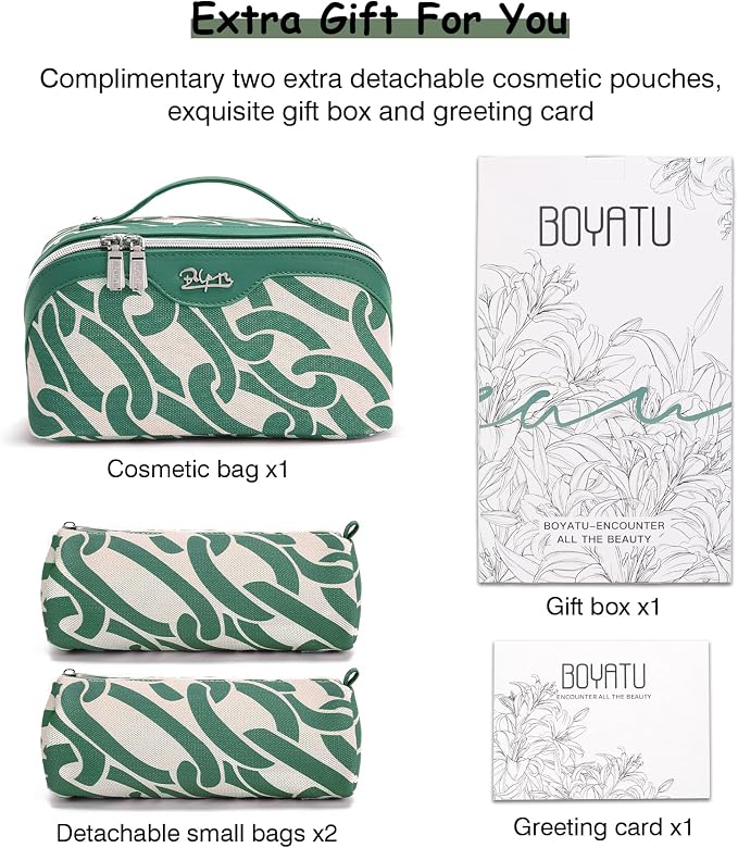 BOYATU Travel Makeup Bag for Women: Large Capacity 3-Piece Cosmetic & Toiletry Organizer - Expands Storage by 50% with 2 Detachable Pouches,Opens Flat for Easy Packing,Waterproof PU Leather(Green) - Image 3