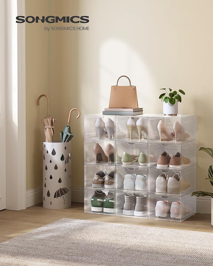 SONGMICS Shoe Boxes, Set of 12, Clear Plastic Shoe Storage, Stackable Sneaker Box, Drop Front Door, Up to US Size 11, Easy Assembly, 13 x 9.8 x 7.1 Inches, Transparent White ULSP032W12 - Image 2