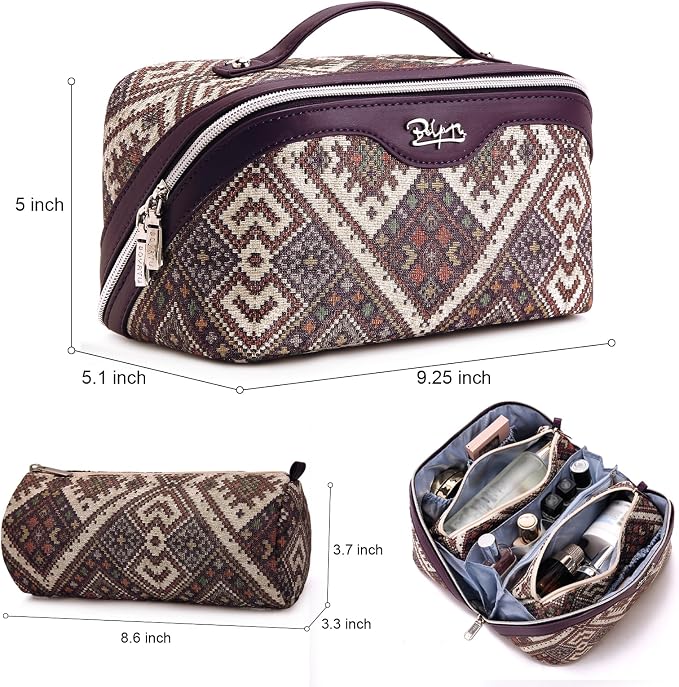 BOYATU Travel Makeup Bag Organizer: Boho Large Capacity Cosmetic Bag Sets | 3Pcs Waterproof Leather Toiletry Bags | 180°Open Flat Make up Case with Compartments | Western Travel Essentials for Women - Image 2