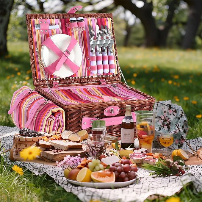 Picnic Basket Set for 4 with Waterproof Blanket Mat Insulation Bag Wicker Pink Stripe Classic Fresh Gift for Christmas Thanksgiving Wedding Birthday Camp Outdoor Beach Travel - Image 6