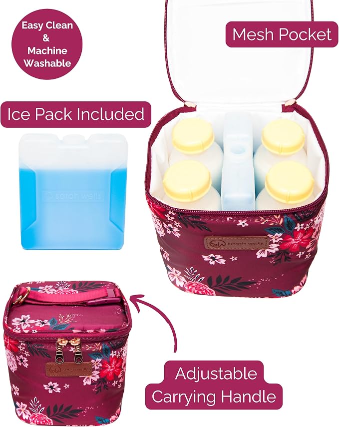 Sarah Wells Cold Gold Breastmilk Cooler with Ice Pack (Berry Bloom) | Fully-Lined Insulated Interior, Fits 4-6 Bottles, Zippered Lid, Great for Workdays, Travel & Pumping Days, Machine Washable - Image 2