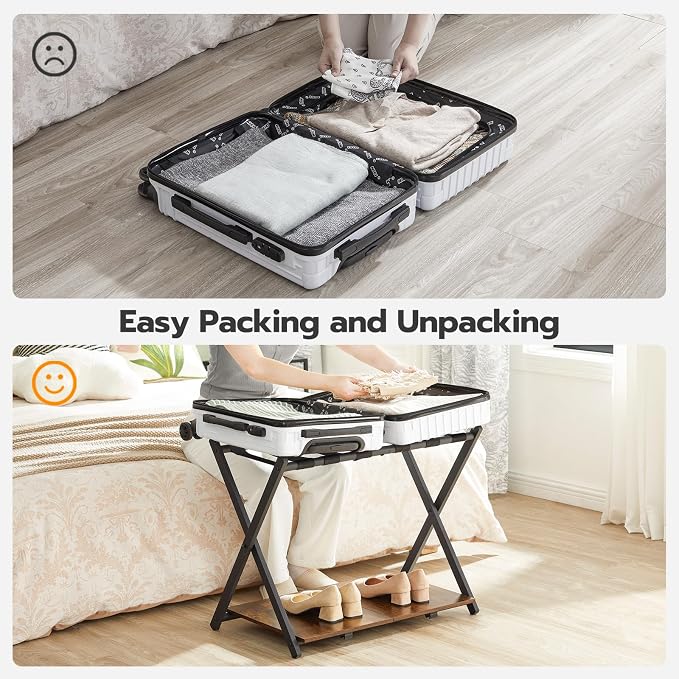 HOOBRO Folding Luggage Rack, Suitcase Stand Holder with Wooden Storage Shelf, Holds up to 110 lb, 27.2 x 15.7 x 24 Inches, for Guest Room, Bedroom, Closet, Hotel, Rustic Brown and Black BF68XL01G1 - Image 7