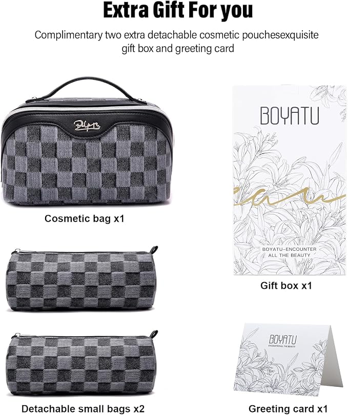 BOYATU Travel Makeup Bag for Women: Large Cosmetic Bag Set of 3 - PU Leather Make up Bag with Compartments - Compact Waterproof Toiletry Bag with Divider & Handle (D-2-Black) - Image 5