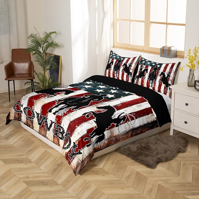 Western Rustic Bedding Set for Cowboys Cowgirls Farmstyle Duvet Cover Full Size, Vintage American Flag Comforter Cover Wild Animal Print Bedding Farmhouse Theme Bedspread Cover with 2 Pillowcases - Image 2