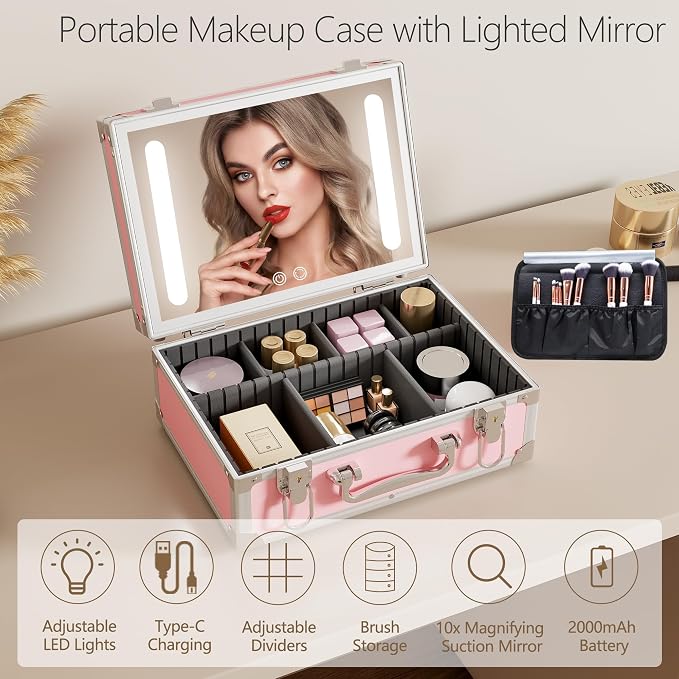 Cybergiant Travel Makeup Case with LED Mirror - Hard Shell Pink Travel Makeup Bag with Mirror - Portable Makeup Organizer with Mirror, Vanity Case for Cosmetics, Adjustable Divider - Image 5