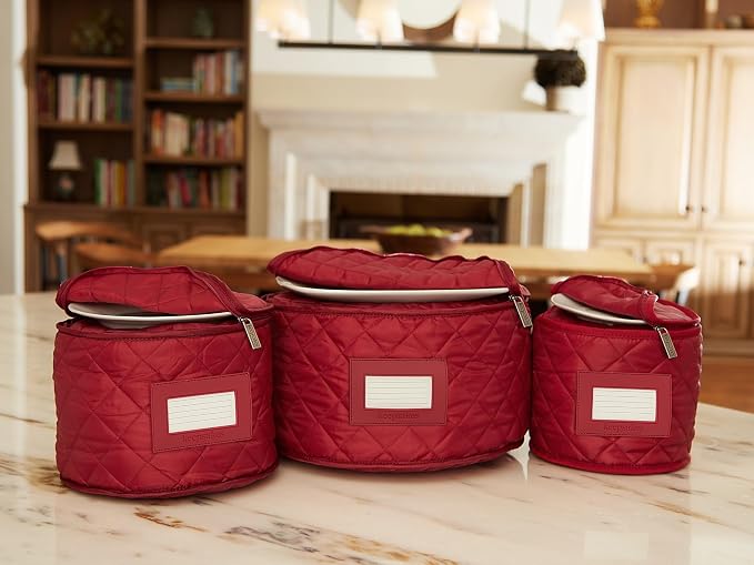 Covermates Keepsakes Dish Storage Set – Padded China & Dinnerware Storage Cases with Dividers, Cup & Stemware Storage, Quilted Polyester Protection, ID Window, Red - Image 4