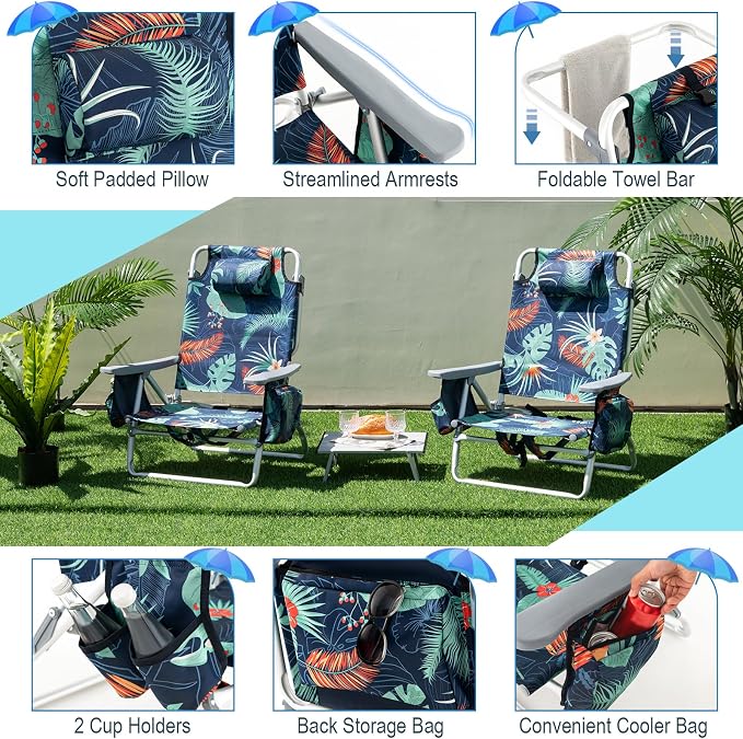 Giantex Folding Beach Chair, Patio Sling Chairs with 5 Adjustable Position, Head Pillow, Storage Bag, Towel Bar, Cup Holders, Backpack Chairs for Sunbathing, Camping Chair - Image 8