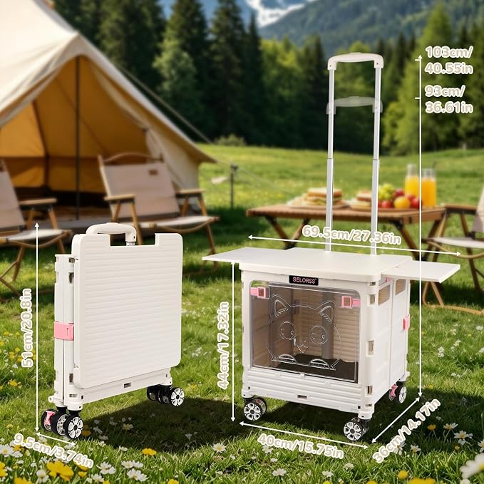 FELICON SELORSS Folding Utility Cart Portable Rolling Crate Handcart-Gray | Magnetic Sliding Lid+Lockable Transparent Front Panel,Telescoping Handle,4 Swivel Wheels Tote for Travel Shop Office Teacher - Image 7
