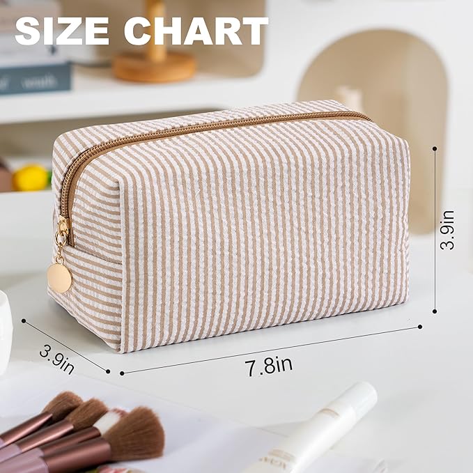 3PCS Makeup Bag Travel Toiletry Bag for Women, Small Cosmetic Bags Cute Brown Stripe Aesthetic Organizer Makeup Pouch for Purse Emergency Bag Pencil Case Accessory Bag - Image 2