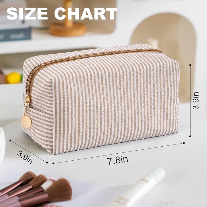 Makeup Bag Travel Toiletry Bag for Women, Small Cosmetic Bags Cute Brown Stripe Aesthetic Organizer Makeup Pouch for Purse Emergency Bag Pencil Case Accessory Bag - Image 2