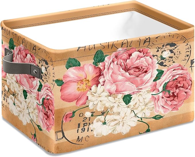 Vintage Rose Floral Foldable Baskets Storage Bins with Handles, Decorative Cloth Organizer Storage Boxes 2 sets - Image 3
