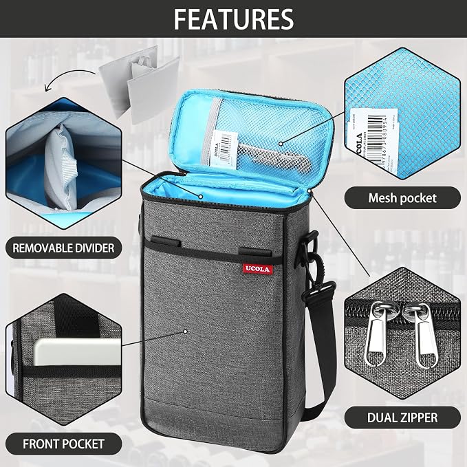 Wine Cooler Bag, Leakproof Insulated Wine Carrier Tote | Fits 2, 3 or 6 bottles with removable divider, shoulder strap, BYOB travel tote for champagne, liquor, picnic and gifts - Image 4