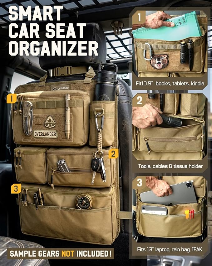 All in One Car Seat Back Organizer Fit Most Cars SUV Trucks Jeeps | Heavy Duty Molle Panel Seat Back Protector with Multi-Pockets Storage, for Tools, Toys, Camping, Travel, Daily Commuting - Image 3