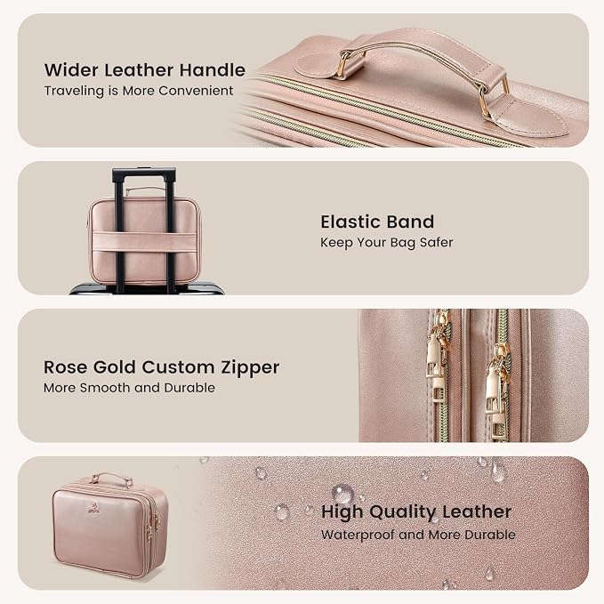 Faquenc Makeup Bag with LED Lighted Mirror 12.2 IN Cosmetic Train Case Double Layer Makeup Case Adjustable Brightness in 3 Colors Cosmetic Organizer Artist Storage with Brush Holder Vanity Smoky Pink - Image 7