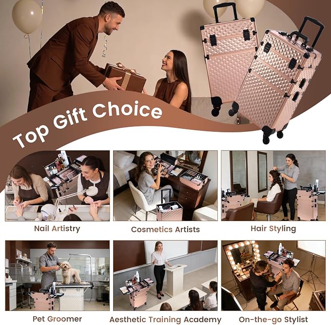 Frenessa Rolling Makeup Train Case 3 in 1 Professional Cosmetic Trolley Large Storage with keys Swivel Wheels Salon Barber Case Traveling Cart Trunk for Make Up Nail Tech - Vintage Rose Gold | Cosmetic Trolley Large Storage with Keys 360° Swivel Salon ... - Image 7