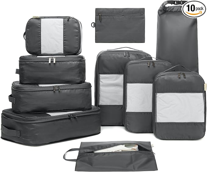 10-Pack Large Compression Packing Cubes for Travel - Lightweight Compression Packing Cube Set, Water-Resistant Luggage Organizer Bags & Suitcase Organizers, Travel Cubes for Carry-On, Checked Luggage by NookTheory