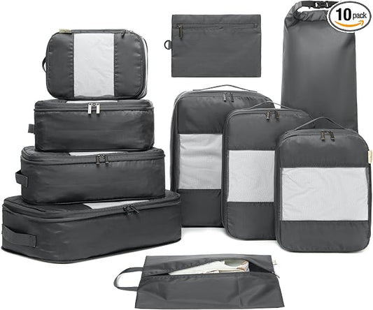 10-Pack Large Compression Packing Cubes for Travel - Lightweight Compression Packing Cube Set, Water-Resistant Luggage Organizer Bags & Suitcase Organizers, Travel Cubes for Carry-On, Checked Luggage by NookTheory