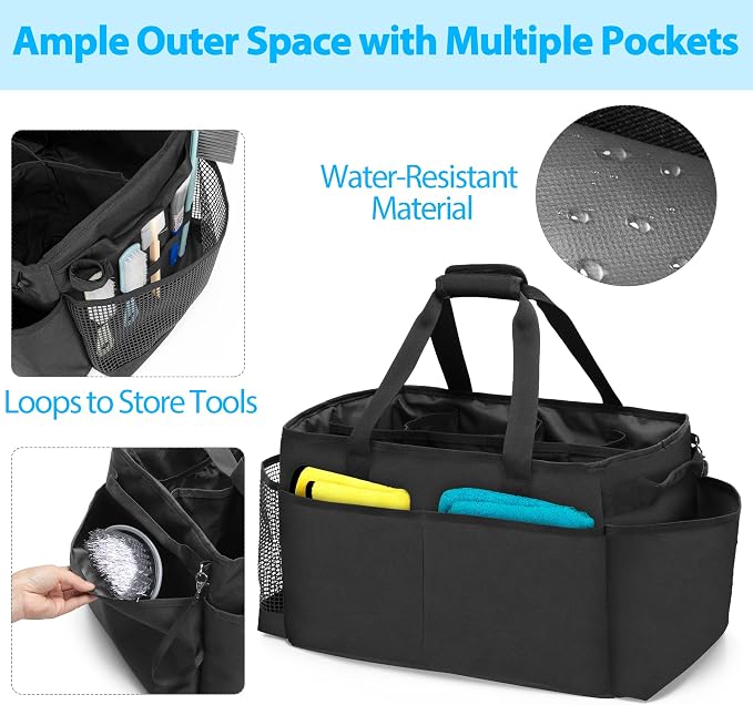 HODRANT Extra-Large Cleaning Caddy with Handles & Multi Pockets | Large Capacity Tote Bag for Cleaning Tools & Products Storage, Cleaner Organizer for Car, Home & Housekeeping Work, Black - Image 3