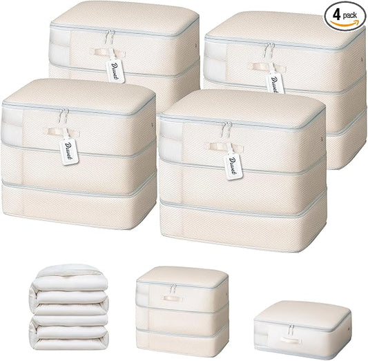 DIMJ Comforter Storage Bag - Large Capacity Ultra Space Saving Self Compression Organize for Duvet, Pillow, Bedding, Blanket Storage Organizer Nylon Compression Bags, Beige, 4 Pack by DiMJ