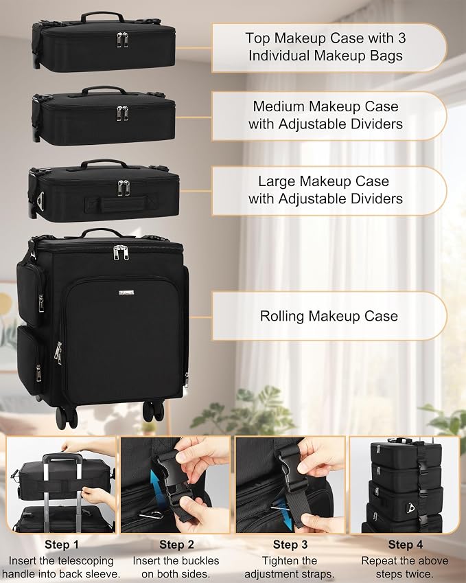 Relavel Rolling Makeup Case, 4 in 1 Hairstylist Traveling Bag Cosmetology Case on Wheels Large Hair Tools Cosmetics Train Case Makeup Artist Storage Organizer Trolley Suitcase with 360° Swivel Wheels - Image 9