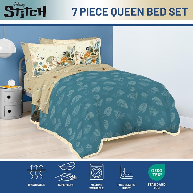 Disney Lilo and Stitch Queen Comforter Set 7 Piece Floral Bedding, Multi | Bed in a Bag, Comforter Sheets Shams Pillowcases, Official Product, Soft Microfiber, Machine Washable, Girls Gift - Image 4