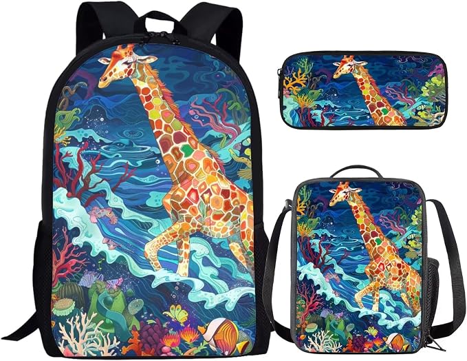17 Inch Animal Print School Backpack And Lunch Box Set for Kids Lightweight Sea Grass Giraffe Backpack for Boys Girls Sturdy School Bag with Insulated Lunchbox Pencil Case Student Bookbag by Parprinty
