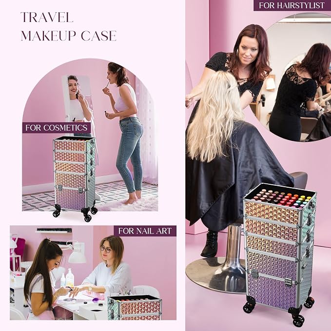 Yueieoun 5 in 1 Rolling Makeup Case, Cosmetology Case on Wheels Travel Make up Train Case Nail Cart Makeup Organizer Cosmetic Storage Box Cases Extra Large Trolley Truck with 360° Swivel Wheels, Pink - Image 5