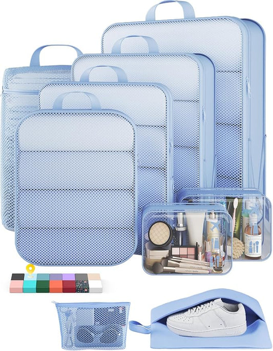 Veken 9/11 Set Compression Packing Cubes Garment Bags for Travel Essentials,Compressible Expandable Luggage Organizer Bags for Clothing,Space Saver Bags with Over 1000 pcs of Mesh Holes(Light Blue) by Veken