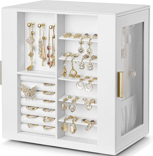 VLANDO 360° Rotating Jewelry Box with 5 Drawers, Large Jewelry Storage with 2 Glass Window, PU Leather Jewelry Organizer for Bracelets, Necklaces, Earrings, Rings - White by VLANDO