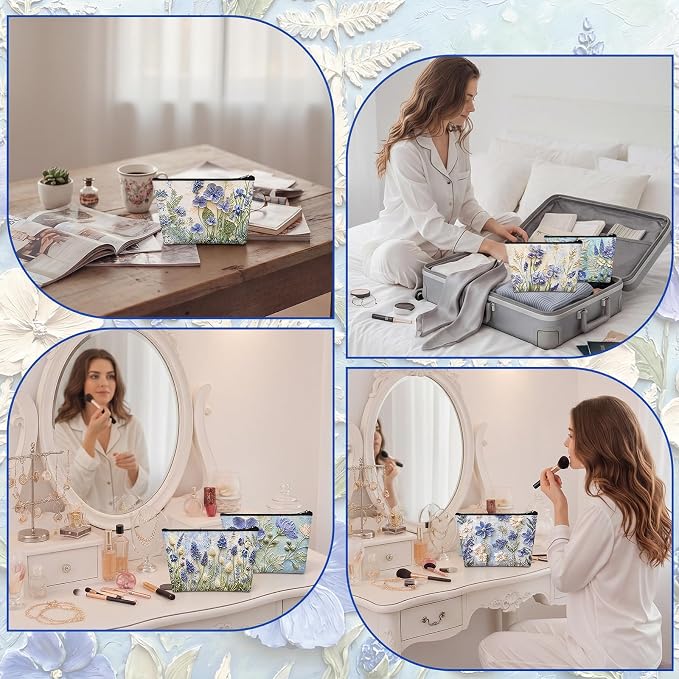 Sweetude 12 Pcs Blue Relief Flowers Makeup Bag Bulk Blue Portable Travel Cosmetic Bag with Zipper Oil Painting Floral Waterproof Roomy Travel Toiletry Organizer Storage Beauty Pouch for Women Gifts - Image 5