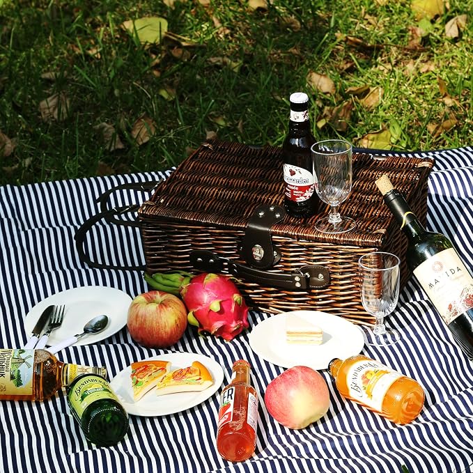 Picnic Basket Set for 4 with Waterproof Blanket Mat Insulation Bag Wicker Navy Blue Vintage Classic Gift for Christmas Thanksgiving Wedding Birthday Camp Outdoor Beach Travel - Image 2