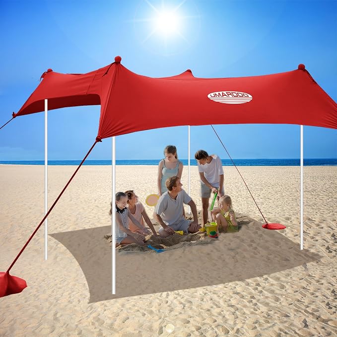 UMARDOO Family Beach Tent Canopy Sun Shade Portable, Large Compact Beach Sun Shelter Easy Setup with Packable Bag for Outdoor Travel (Red, 10X10 FT. 4Poles) - Image 9