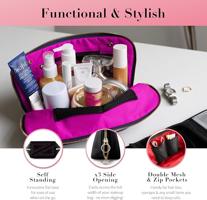 KUSSHI Washable Travel Makeup & Cosmetic Bag - Brush Organizer Sold Separately (Signature, Satin Black/Pink) - Image 3