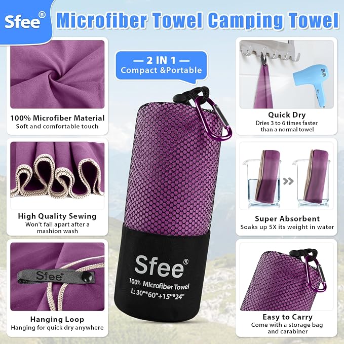 Sfee 2 Pack Microfiber Travel Towel, Quick Dry & Super Absorbent, Lightweight, Rectangular Bath Towel, Modern Purple Sports Towel for Gym, Hiking, Pool, Backpacking, Bath, Yoga - Image 2