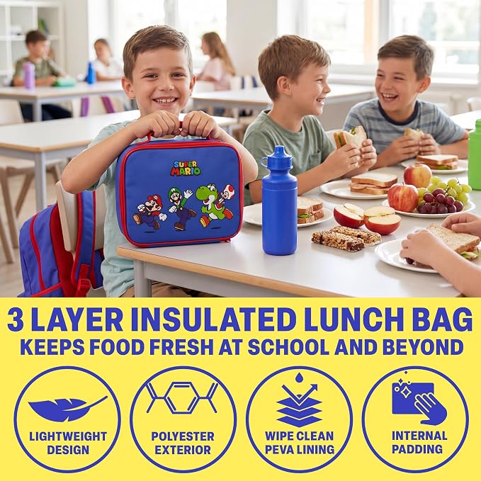 Get Trend Super Mario Boys Backpack 4 Piece Set | 18 In Bookbag with Insulated Lunch Bag, Pencil Case & BPA-Free Water Bottle, Adjustable Padded Straps, Gamer Gifts for Boys - Image 4