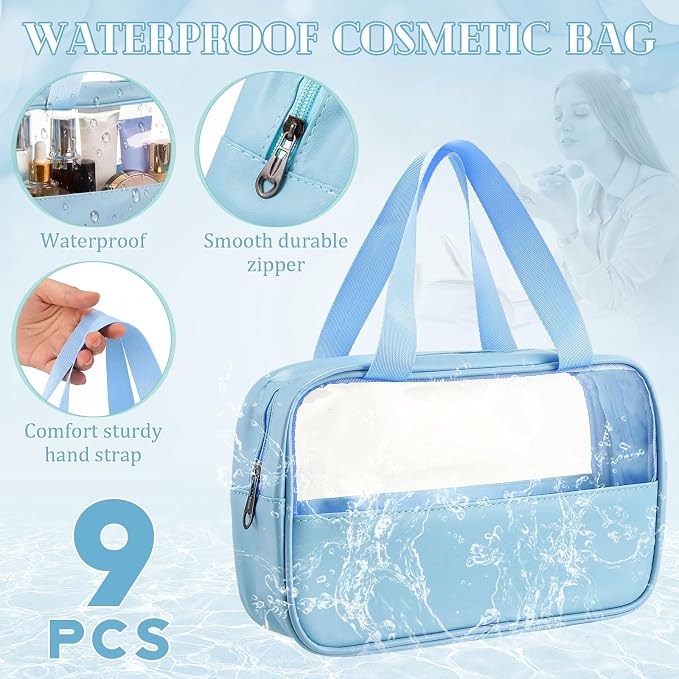 Buryeah Translucent Make up Bag Toiletry Organizer for Women Men Waterproof Portable Cosmetic Travel Bag with Hanging Handles Travel Storage Carry Pouch Gifts for Bridesmaid (9 Pcs,Blue) - Image 6