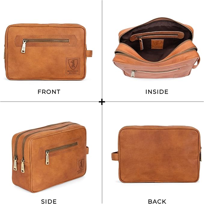 BERLINER BAGS Vintage Genuine Leather Toiletry Bag Paul for Travel, Two Zippered Compartments, Large Capacity Cosmetics Bag for Men and Women, Gift for Dad - Brown - Image 6