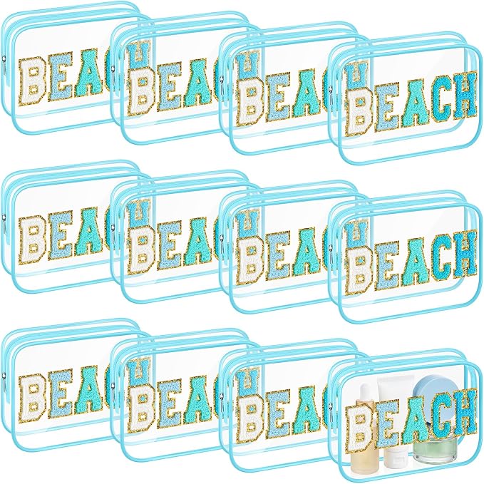 Kacctyen 12 Pack Clear Beach Makeup Bag with Chenille Letter Patch Travel Toiletry Bags Waterproof PVC Cosmetic Organizer for Women Girls Pool Beach Vacation Summer Essential Gifts, Teal Blue by Kacctyen