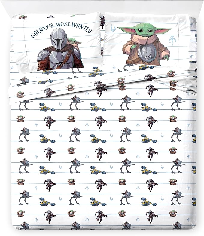 Jay Franco Kids Sheet Set with Fitted, Flat Sheets & Pillow Cover - Ultra-Soft Bedding with Pillowcase for Room Decor, White - Star Wars Mandalorian, 4 Piece Full by JayFranco