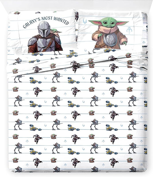 Jay Franco Kids Sheet Set with Fitted, Flat Sheets & Pillow Cover - Ultra-Soft Bedding with Pillowcase for Room Decor, White - Star Wars Mandalorian, 4 Piece Full by JayFranco