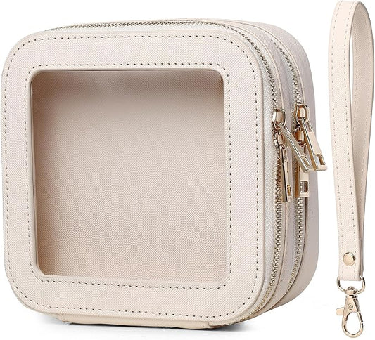 Pinkmik Double Layer Makeup Bag Small Clear Makeup Pouch Mini Travel Cosmetic & Toiletry Bag Purse Organizer and Car Essentials for Women (Beige, 2-Layer MINI) by Pinkmik