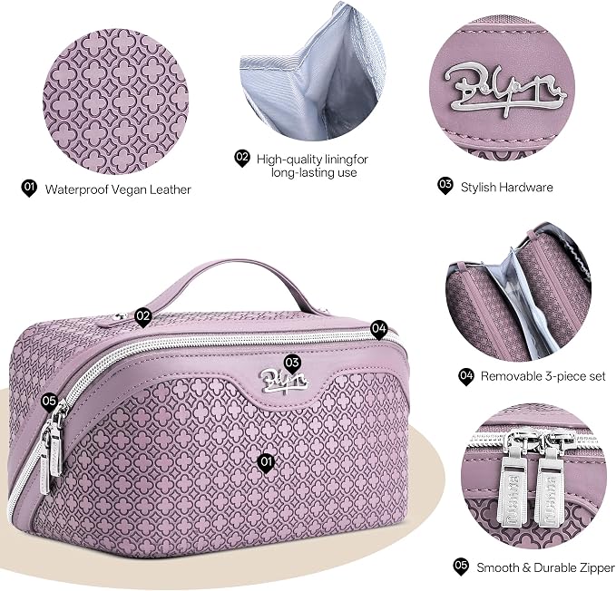BOYATU Travel Makeup Bag for Women: Four Leaf Clover Large Capacity 3 Pcs Set Cosmetic Bags - Waterproof 50% Extra Space for Toiletry Organizer - Travel Essentials for Fortunate (02 Purple) - Image 3