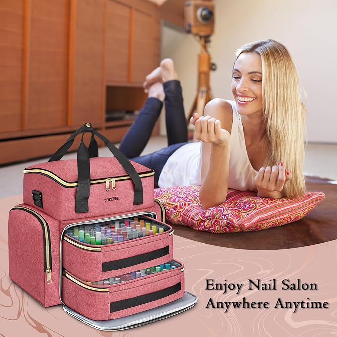 YOREPEK XL Nail Polish Organizer Case for 96 to 100+ Bottles, Pink | Nail Organizer With 96 Slots Foam Inserts, Travel Nail Tech Carrying Case with Adjustable Space for Gel Dip Powder Tips Set - Image 8